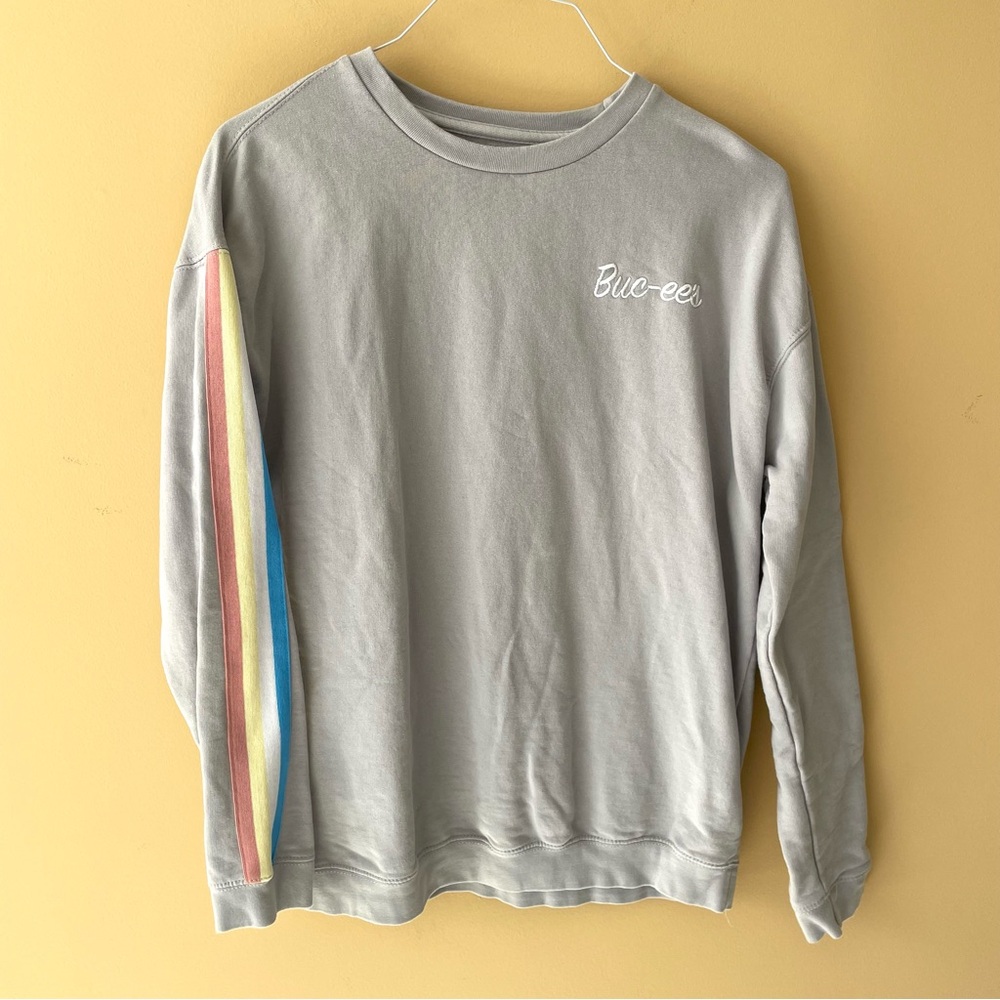 Buc-ee's Gray Crew Neck Sweater with Rainbow Stripe